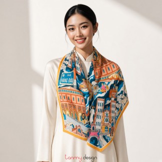 Khăn lụa vuông hai mặt họa tiết Hà Nội đa sắc 90x90cm